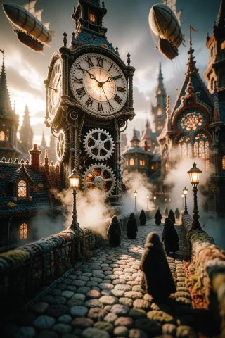 A Dramatic, Low-angle Wide Shot Captures A Fantastical Steam... — Stable Diffusion AI Prompt: A dramatic, low-angle wide shot captures a fantastical steampunk cityscape rende...