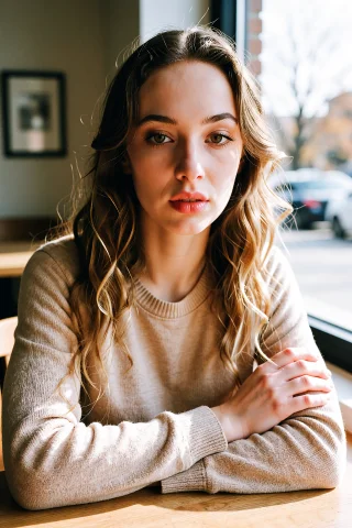 Sable At A Cafe Table, Wavy Brown Hair, Brown Eyes Looking A... — Stable Diffusion AI Prompt: Sable at a cafe table, wavy brown hair, brown eyes looking at the camera. Beige...