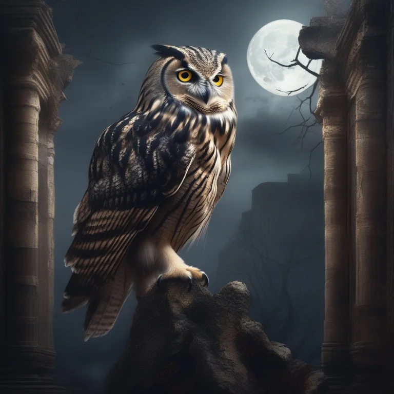 A Six-winged Owl Perched In A Moonlit Ruin, Digital Painting...