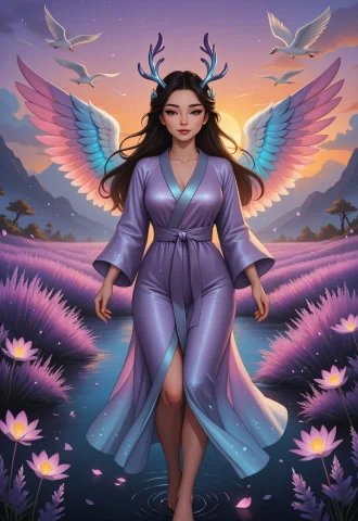 Upper Body, In A Sunset Dreamscape Where Clouds Take The For... — Stable Diffusion AI Prompt: upper body, In a sunset dreamscape where clouds take the form of swans and deer,...