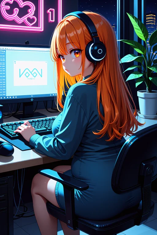 Safe, Sitting, Indoors, Chair, Computer, Monitor, Headphones...