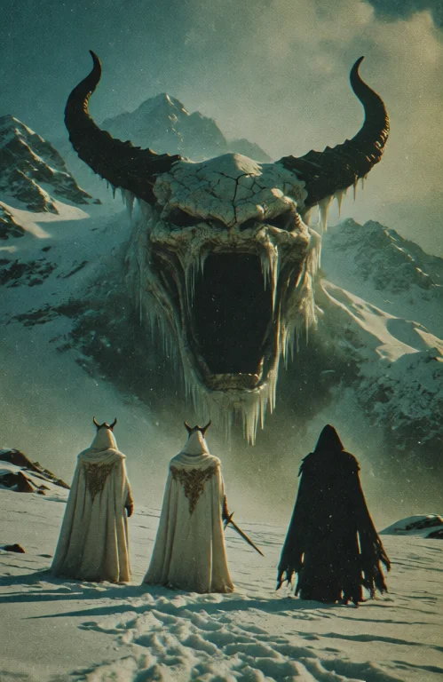 A Cinematic, Photorealistic Scene Depicts Three Hooded Figur...