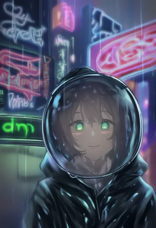 A Raincoat Glowing Under Wet Neon Signage, Candid Photograph...
