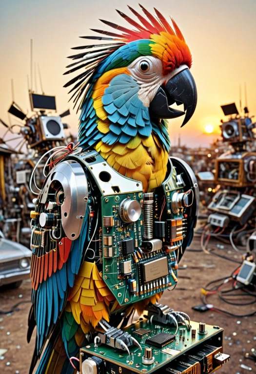 Lazypos, Funny Parrot Made Of Transistors, On The Shoulder O...