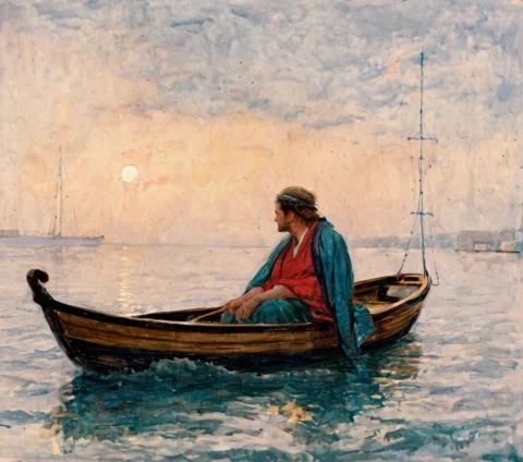 Colored Lithograph Of A Fisherman In A Boat At Sealoragedh I... — Stable Diffusion AI Prompt: colored lithograph of a fisherman in a boat at seaGEDH