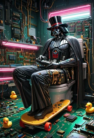 Darth Vader Wearing A Black Top Hat With Glowing Colorful Le... — SDXL AI Prompt: Darth Vader wearing a black top hat with glowing colorful LED lights and red sun...