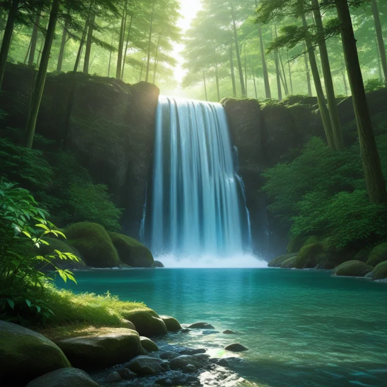 A Powerful Waterfall In A Lush Green Forest During Summer, C...
