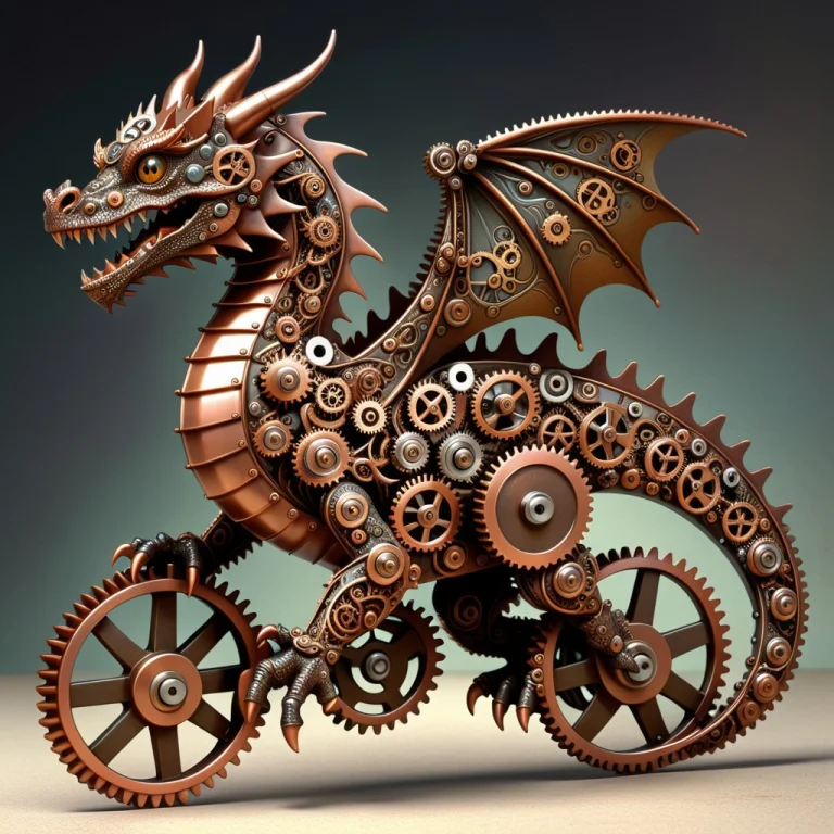 A Dragon Made Of Interlocking Gears. Metallic Sheen, Toothed...