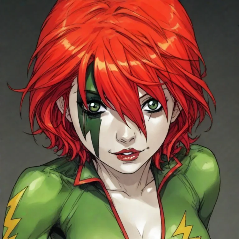 Colored Skin, Red Hair, Short Hair, Green Eyes, Facial Mark,...