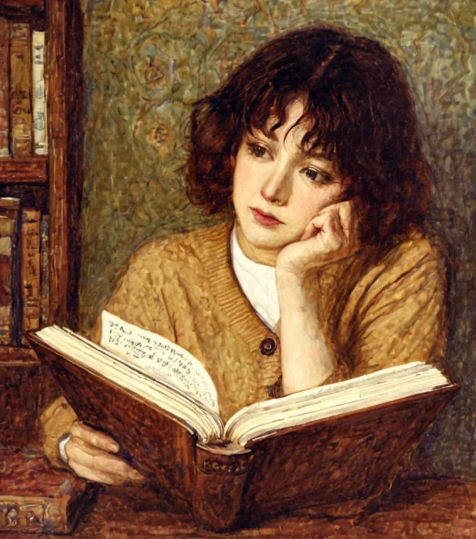 Colored Lithograph Portrait Of A Woman Reading A Book In A L...