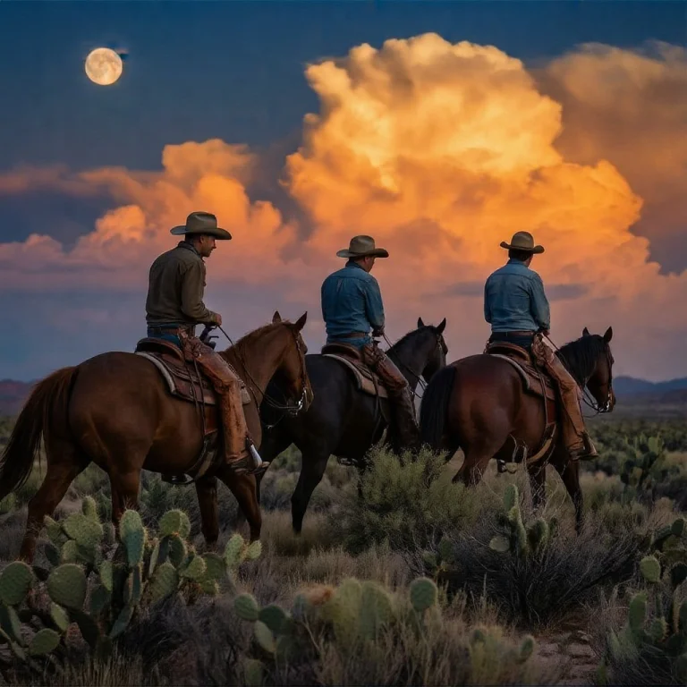 Three Cowboys Ride Horses Across A Desert At Twilight, Captu...