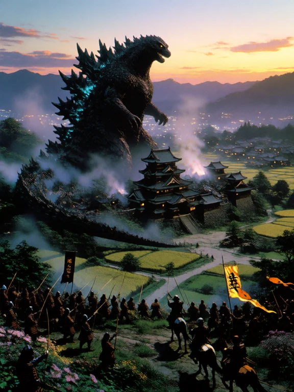A Colossal Godzilla Emerges From Behind A Magnificent Japane...
