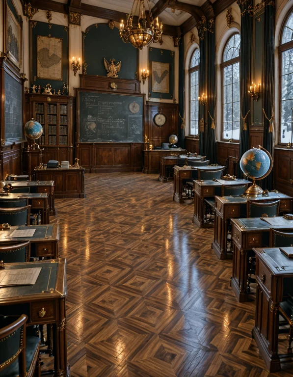 Ru551an 1n5t1tut3, Photorealistic Classroom, Worn Desks, Blu...