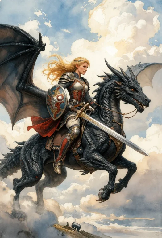 An Elven Warrior Rides A Powerful Black Dragon Through A Bri...