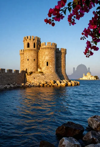 Colors Dramatic Medieval Stone Castle Of Monemvasia At Golde... — Stable Diffusion AI Prompt: [COLORS] dramatic medieval stone castle of Monemvasia at golden hour, deep blue...