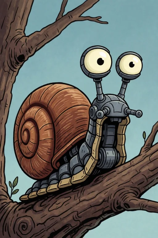 Mechanical Robot Evil Demonic Snail, On Tree Limb, Big Eyes,...