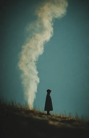 A Medium Shot Captures A Lone Silhouette Of A Person Standin... — Stable Diffusion AI Prompt: A medium shot captures a lone silhouette of a person standing atop a dark, grass...