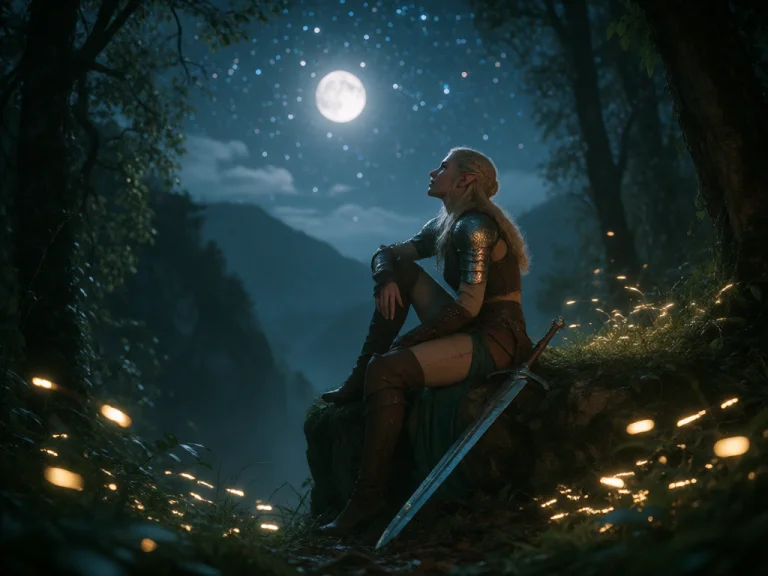 A Blonde Elf Warrior Sits At The Edge Of A Cliff, Staring Up...