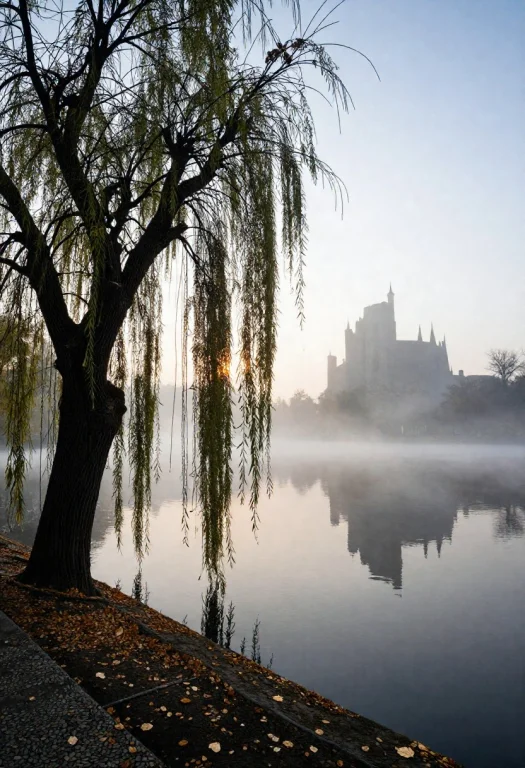 Colors Dramatic Misty Lake At Dawn, Ancient Weeping Willows...