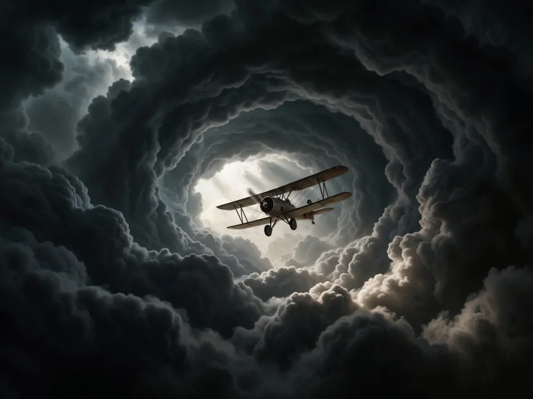 Vintage Biplane Flying Through Dark Storm Clouds Tunnel Of L...