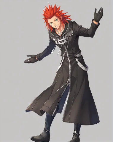 Loraaxel Kh0.6 Axel, Male, Solo, Smiling, Black Coat, Black... — Stable Diffusion AI Prompt: Axel, male, solo, smiling, black coat, black gloves, black boots, green eyes, r...