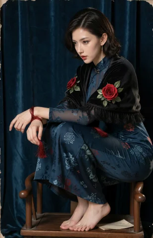1930 75mm Ymym Womanv — Stable Diffusion AI Prompt: 【风格锁定】1930年代手工染印彩色肖像；正上方偏左的低亮度钨丝聚光灯，背景不作填光...