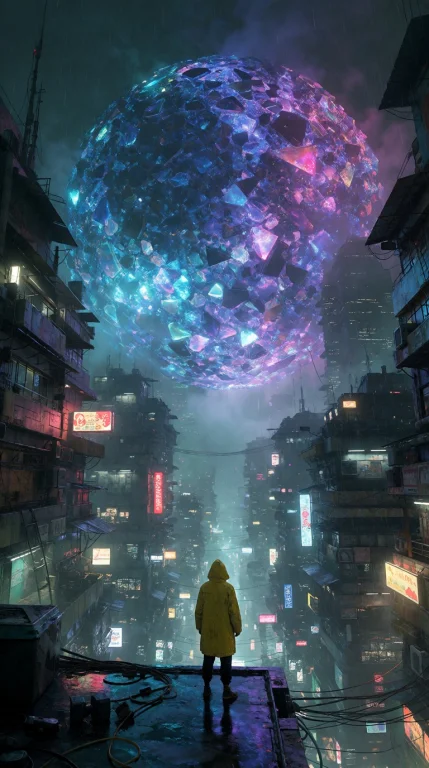 A Mysterious Futuristic Megacity At Night, Viewed From A Nar...