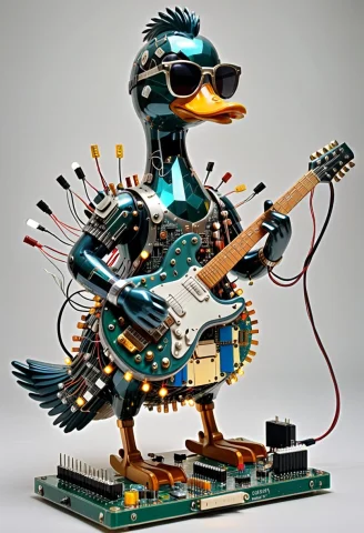 Transistors, Statue Of A Duck, Sunglasses, Playing Electric... — SDXL AI Prompt: Transistors, statue of a duck, sunglasses, playing electric guitar, dense circui...