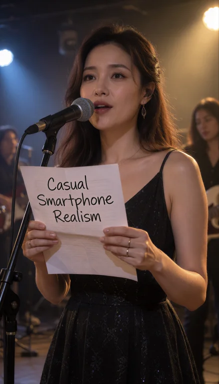 Jolie Femme Chanteuse Dans Un Concert Tien Une Feuille Avec...
