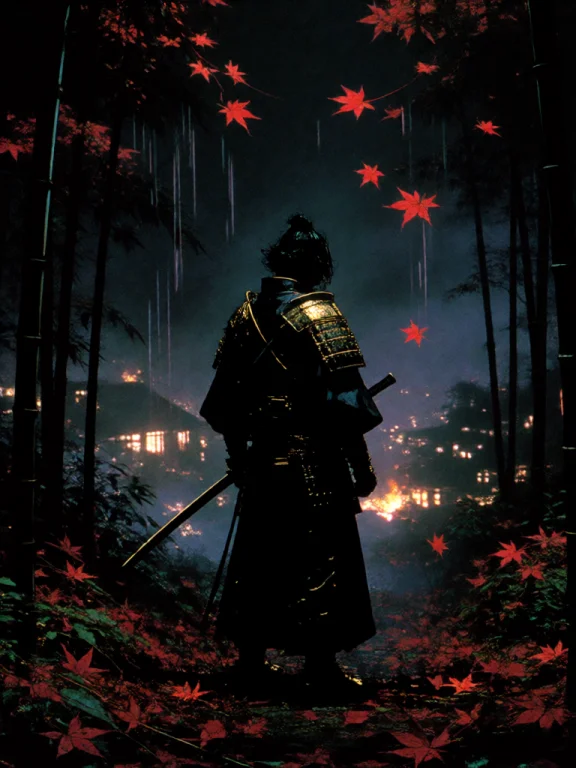 A Lone Samurai Stands Motionless In A Black Bamboo Forest At...