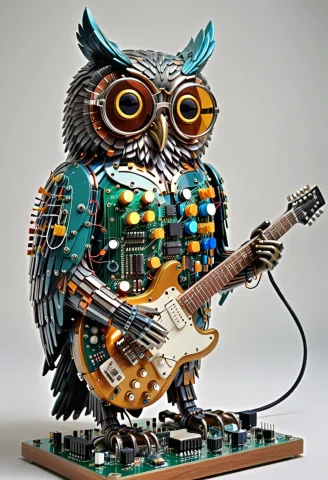 Transistors, Statue Of A Owl, Sunglasses, Playing Electric G... — SDXL AI Prompt: Transistors, statue of a owl, sunglasses, playing electric guitar, dense circuit...