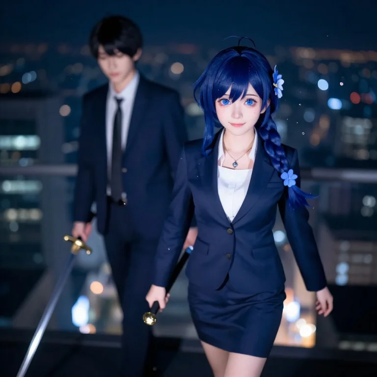 1girl, 1boy, Long Hair, Dark Blue Hair, French Braid, Blue E...