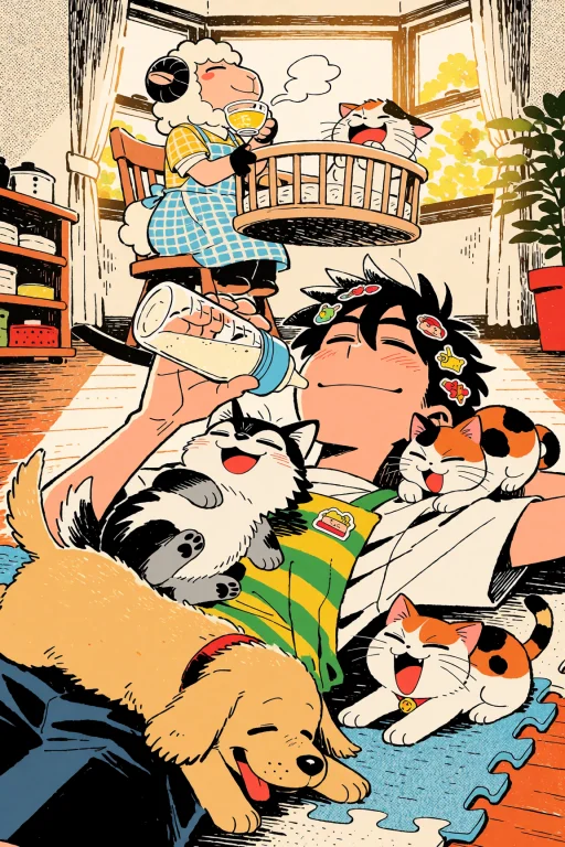 A Vertical Comedic Retro Shonen-slice-of-life Manga Illustra...