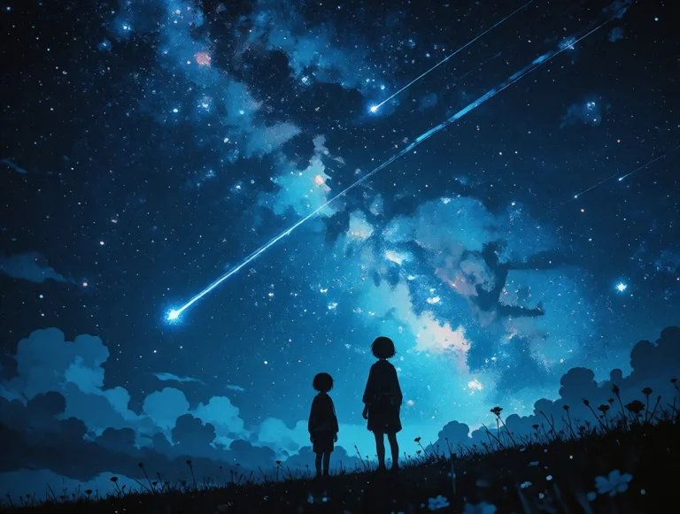 Anime Illustration, Wide Shot Of Two Silhouetted Children On...