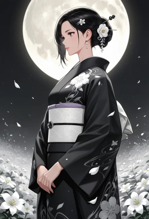 A Black And White Ink Painting Of A Gorgeous Japanase Anime...