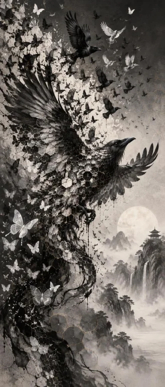 A Swarm Of Delicate Black And White Crows Rising From An Abs...