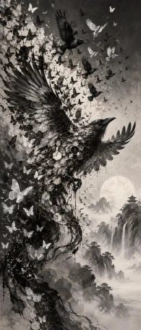 A Swarm Of Delicate Black And White Crows Rising From An Abs... — Stable Diffusion AI Prompt: A swarm of delicate black and white crows rising from an abstract geometric hone...