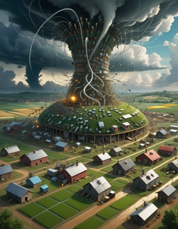 A Scene Of A Farm, With A Tornado Made Of Transistors, Lazyp...