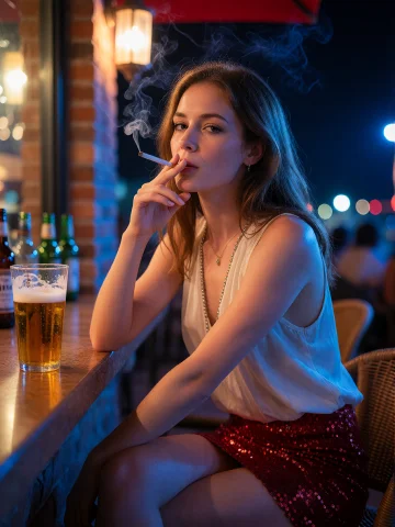 A Woman Sits On A Bar Terrace, Observing The Viewer With Int... — Stable Diffusion AI Prompt: A woman sits on a bar terrace, observing the viewer with intrigue. She is dresse...
