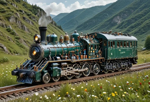 A Locomotive, Made Of Transistors, On A Railroad Track, Cros... — SDXL AI Prompt: a locomotive, made of Transistors, on a railroad track, crossing a mountain mead...