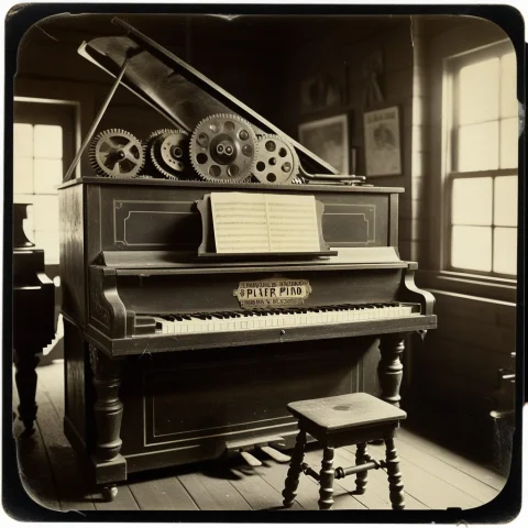 Player Piano In A Saloon, Tintype. Heavy Gear Use In Evidenc... — SDXL AI Prompt: player piano in a saloon, tintype. heavy gear use in evidence making the player...