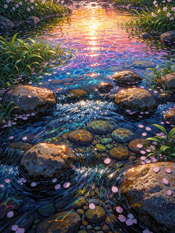 A Low-angle Anime-style Illustration Of A Serene River At Su... — Stable Diffusion AI Prompt: A low-angle anime-style illustration of a serene river at sunset, rendered in sa...