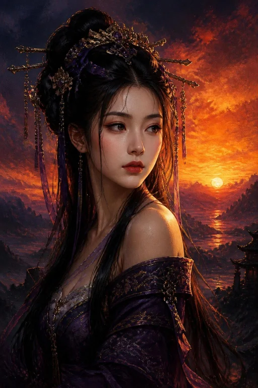 A Highly Detailed Portrait Of An Elegant East Asian Woman At...