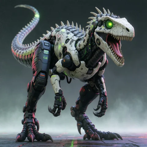 Sh1row. T3chn0trash. A Full-body Portrait Of A Cybernetic Ra... — Stable Diffusion AI Prompt: sh1row. t3chn0trash. A full-body portrait of a cybernetic raptor dinosaur, its b...