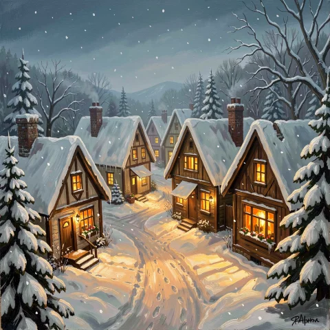 A Winter Village With Windows Glowing Warm, Acrylic Painting... — Stable Diffusion AI Prompt: a winter village with windows glowing warm, acrylic painting, studio lighting, h...