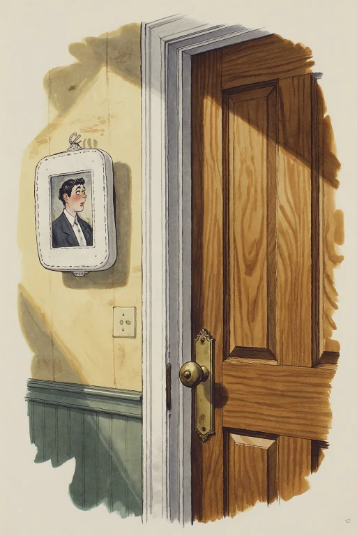 The Background Includes A Wooden Door With A White Door Fram...