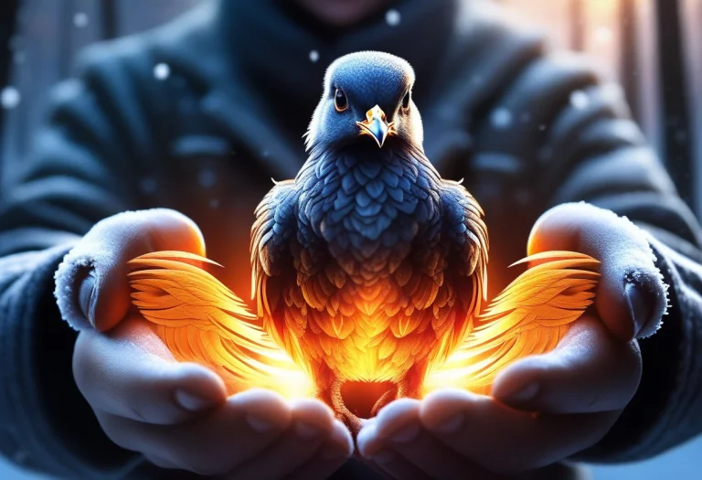 High Quality, Detailed, A Phoenix Chick Cupped In Two Glowin...