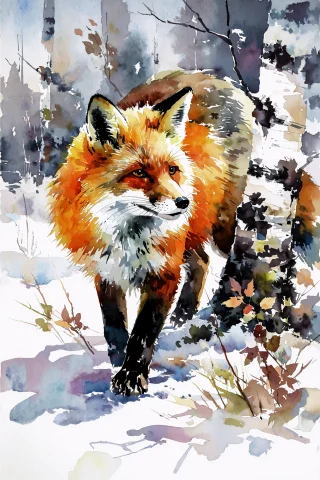 Traditional Watercolor Wildlife Painting, An Alert Red Fox P... — Stable Diffusion AI Prompt: traditional watercolor wildlife painting, an alert red fox paused in a snowy bir...