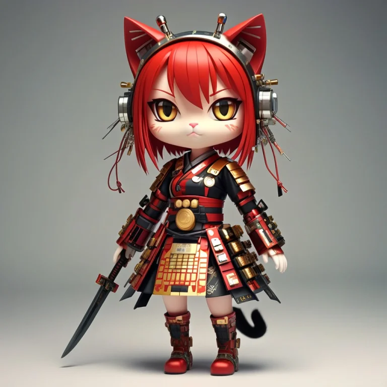 A 3d Chibi Anime Red Hair Cat Girl Wear Transistors Samurai...