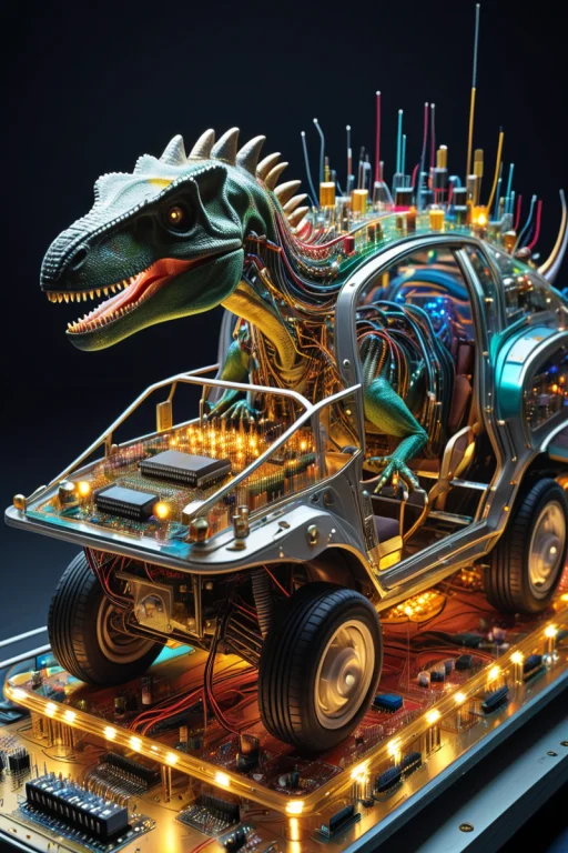 Dino Driving A Futuristic Vehicle, Surreal, Scenery, Landsca...